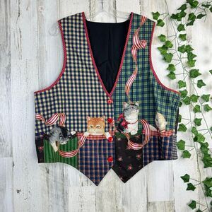 Vintage Cats Kittens Printed Graphics Plaid Check Waistcoat Vest Size fits L-XL